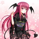  alternate_costume bat_wings black_dress breasts demon_tail dress floral_print flower hanazome_dotera hand_in_hair head_wings japanese_clothes kimono koakuma large_breasts long_hair long_sleeves looking_at_viewer obi pink_background pink_eyes pink_hair sash smile solo tail touhou very_long_hair wide_sleeves wings 