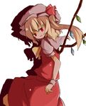  ascot blonde_hair bow fang flandre_scarlet hat hat_ribbon nal_(naru-1) red_eyes ribbon short_hair side_ponytail skirt slit_pupils smile solo touhou wings 