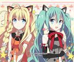  ahoge bad_id bad_pixiv_id blonde_hair blue_eyes elbow_gloves eunram fingerless_gloves gloves green_eyes green_hair hatsune_miku long_hair multiple_girls open_mouth seeu smile speaker star twintails very_long_hair vocaloid 