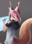  animal_ears arceonn bare_shoulders drawing fox_ears fox_tail headphones highres holding holding_stylus hood hood_down left-handed monitor multiple_tails nia_(arceonn) original pink_hair short_hair simple_background solo stylus tail yellow_eyes 