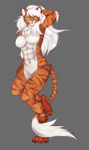  abs anthro arm_behind_head biceps breasts cat chest_tuft claws dr_sawyer fangs feline female fur green_eyes grey_background hair hindpaw long_hair looking_at_viewer mammal muscles muscular_female navel nude ookami-kun orange_fur paws pink_nose plain_background pose sabertooth solo standing stripes tail_tuft teeth thick_thighs thighs tuft white_fur white_hair 