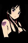  akiyama_mio bare_shoulders black_background black_hair blush breasts cleavage earbuds earphones heart hime_cut k-on! large_breasts long_hair looking_at_viewer parted_lips purple_eyes simple_background solo tank_top tattoo tom_(drpow) 