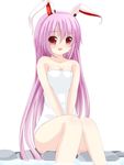  animal_ears bad_id bad_pixiv_id blush breasts bunny_ears chimunge cleavage lavender_hair long_hair medium_breasts naked_towel open_mouth pink_eyes reisen_udongein_inaba sitting smile solo touhou towel very_long_hair 