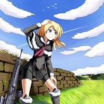  assault_rifle bike_shorts blonde_hair blue_sky boots brick_wall capelet cloud day drawfag field gun hand_on_thigh knee_boots knee_pads long_hair necktie original pleated_skirt rifle shorts shorts_under_skirt sig_(sfried) sig_556 sig_sauer skirt sky smile solo weapon wind windmill 