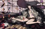  bad_id bad_pixiv_id barefoot bird black_eyes black_hair breasts bunny candle cleavage envelope flower hair_ornament hat japanese_clothes large_hat long_hair medium_breasts nail_polish navel nekosuke_(oxo) original shoes single_shoe sitting solo very_long_hair wariza witch_hat 