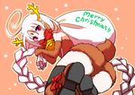  absurdly_long_hair ahoge albino alternate_hairstyle animal_costume antlers bare_shoulders bell braid brown_gloves christmas dori_(dorimeri) elbow_gloves forehead_jewel gloves huge_ahoge long_hair merry_christmas purple_eyes reindeer_costume sack single_braid solo tail thighhighs under_night_in-birth vatista very_long_hair white_hair 