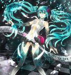  bad_id bad_pixiv_id bridal_gauntlets center_opening checkered checkered_floor digital_dissolve floating_hair green_eyes green_hair hatsune_miku hatsune_miku_(append) long_hair navel necktie piano_keys solo thighhighs twintails very_long_hair vocaloid vocaloid_append welkin 
