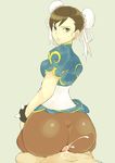  1girl absurdres artist_request ass bad_id bracelet brown_eyes brown_hair bushizo buttjob capcom chun-li cum cum_on_ass cum_on_body cum_on_lower_body curvy double_bun earrings ejaculation from_behind highres huge_ass jewelry looking_back pantyhose penis revision simple_background spiked_bracelet spikes street_fighter uncensored 