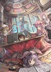  apple_inc. bad_id bad_pixiv_id bespectacled bird blonde_hair blue_eyes book bookshelf cat chicken closed_eyes computer dutch_angle fang flandre_scarlet food from_below glasses hat head_wings highres hong_meiling izayoi_sakuya keyboard_(computer) koakuma kotatsu laptop lavender_hair lying multiple_girls necktie newspaper patchouli_knowledge purple_eyes purple_hair qianqian red_eyes red_hair remilia_scarlet skirt table touhou under_kotatsu under_table vest white_hair wings 