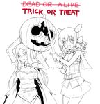  blush breasts halloween jack-o'-lantern large_breasts medaka_box megane_chuu megusuno_uzume monochrome multiple_girls open_mouth simple_background skirt smile white_background yojirou_tsugiha 