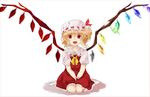  blonde_hair border dress fang flandre_scarlet hands_on_lap hat hat_ribbon kabasaki looking_at_viewer mob_cap open_mouth red_eyes ribbon short_hair short_sleeves side_ponytail simple_background sitting solo touhou wariza white_background wings wrist_cuffs 