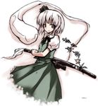  character_name h@ll konpaku_youmu konpaku_youmu_(ghost) short_hair simple_background solo sword touhou translated weapon white_background 