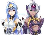  bare_shoulders blue_eyes blue_hair breasts contrast dark_skin kos-mos lips medium_breasts multiple_girls ohse red_eyes t-elos underboob upper_body xenosaga xenosaga_episode_i xenosaga_episode_iii 