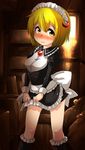 alternate_costume apron blonde_hair blush crescent embarrassed enmaided harusame_(unmei_no_ikasumi) long_sleeves looking_at_viewer lunasa_prismriver maid maid_headdress miniskirt ribbon short_hair skirt skirt_lift solo touhou wavy_mouth yellow_eyes 