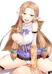  1girl bad_id bad_pixiv_id bare_shoulders blue_eyes blush bow breast_slip breasts brooch brown_hair censored covered_nipples dahlia_(rune_factory) detached_sleeves elf fur_trim girl_on_top grinding hair_ornament hairclip hetero jewelry jirou_(62sand3gemt9) large_breasts long_hair male_pubic_hair mosaic_censoring nipples one_breast_out open_clothes panties penis pointy_ears pubic_hair pussy_juice_stain rune_factory rune_factory_3 self_fondle simple_background solo_focus straddling underwear very_long_hair white_background white_panties 