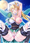  1girl armpits arms_behind_head blonde_hair blush braid breasts censored choker clitoris cloud jeibii large_breasts leafa long_hair nipples ponytail pussy pussy_juice sky solo spread_legs sword_art_online thighhighs torn_clothes twin_braids white_legwear wings 