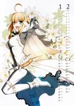  absurdres ahoge belt blonde_hair boots calendar chains fate/extra fate_(series) flower green_eyes high_heels highres jewelry lock looking_at_viewer open_mouth pointing ring saber_bride saber_extra shoes takeuchi_takashi zipper 