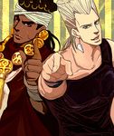  black_hair blue_eyes brown_eyes dark_skin dark_skinned_male earrings grey_hair jean_pierre_polnareff jewelry jojo_no_kimyou_na_bouken mohammed_avdol multiple_boys necklace pointing stardust_crusaders very_dark_skin xxb-starxx 