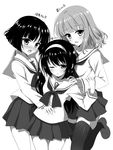  :d :o arm_around_neck blush cross girl_sandwich girls_und_panzer greyscale hairband hand_on_another's_shoulder hand_on_another's_stomach hayakawa_harui holding loafers long_hair miniskirt monochrome multiple_girls neckerchief one_eye_closed ooarai_school_uniform open_mouth pleated_skirt reizei_mako sandwiched school_uniform serafuku shoes short_hair skirt smile sono_midoriko standing takebe_saori thighhighs zettai_ryouiki 