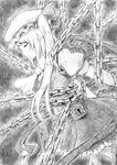  arms_behind_back ascot chain chained closed_eyes flandre_scarlet graphite_(medium) greyscale hat lock mob_cap monochrome open_mouth profile short_hair short_sleeves side_ponytail skirt solo touhou traditional_media vent_arbre vest wings 