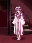  bespectacled bow breasts coat crescent dress glasses hair_bow hat highres light_smile long_hair medium_breasts patchouli_knowledge ponkotsu_(ayarosu) purple_eyes purple_hair ribbon shoes solo stairs touhou 