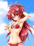  armpits bikini bow breasts food hair_bow long_hair long_ponytail mahou_shoujo_madoka_magica navel ponytail popsicle red_eyes red_hair roura sakura_kyouko small_breasts solo swimsuit 