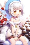  bare_shoulders collarbone dandelion dress flower fur_trim gilse grin hat layered_dress lowres open_mouth orange_eyes pointy_ears short_hair sitting smile snow snowflakes solo sword_girls tomato white_hair 