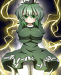  breasts crossed_arms dress electricity feiton ghost_tail green_dress green_eyes green_hair hat large_breasts long_sleeves short_hair smile soga_no_tojiko solo tate_eboshi touhou 