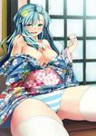  absurdres bare_shoulders blush bow bow_panties breasts choko_(cup) cleavage cup drooling drunk floral_print foreshortening frog_hair_ornament hair_ornament highres japanese_clothes kimono kochiya_sanae kose_takashi large_breasts long_hair obi off_shoulder panties perspective sash snake_hair_ornament solo spread_legs striped striped_panties tears thick_thighs thighhighs thighs touhou underwear 