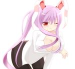  animal_ears bad_id bad_pixiv_id black_legwear breast_rest breasts bunny_ears chimunge cleavage dress_shirt large_breasts lavender_hair leaning_forward long_hair one_eye_closed panties panties_under_pantyhose pantyhose ponytail red_eyes reisen_udongein_inaba shirt smile solo thighband_pantyhose touhou underwear 