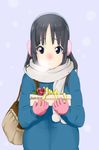  akiyama_mio bad_id bad_pixiv_id bag black_eyes black_hair breath coat earmuffs gift gloves handbag k-on! kanau long_hair scarf solo winter_clothes 