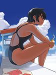  back black_eyes black_hair cloud competition_swimsuit day juice_box kickboard lvi one-piece_swimsuit original profile sad short_hair sitting sky swimsuit 