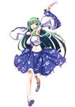  boots breasts clearite detached_sleeves frog_hair_ornament gohei green_hair hair_ornament hair_tubes highres kochiya_sanae large_breasts long_hair midriff ofuda open_mouth skirt snake_hair_ornament solo touhou yellow_eyes 