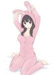  :o animal_costume animal_hood arms_up barefoot black_hair blush breasts bunny_costume bunny_hood cleavage hood korisei large_breasts low_twintails original pajamas pink purple_eyes sitting sketch solo twintails wariza 