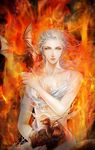 a_song_of_ice_and_fire bad_id bad_pixiv_id breasts cleavage daenerys_targaryen dkaki dragon egg fire green_eyes highres long_hair medium_breasts silver_hair solo torn_clothes white_hair 