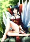  ahri animal_ears barefoot black_hair blue_hair breasts cleavage error fox_ears fox_tail korean_clothes large_breasts league_of_legends legs long_hair makishima_rin mouth_hold multiple_tails solo sunlight tail water yellow_eyes 