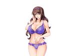  1girl bra breasts brown_hair green_eyes hairband jewelry kagami kagami_hirotaka large_breasts lilith-soft lingerie midriff nagisa_sayoko navel ochiru_hitozuma panties purple_bra purple_panties ring sayoko_nagisa simple_background underwear 