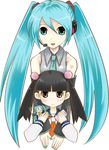  black_hair brown_eyes cellphone character_doll crossover detached_sleeves doll green_eyes green_hair hachune_miku hatsune_miku headphones highres hug long_hair multiple_girls necktie non-web_source otonashi_meru phone sayonara_zetsubou_sensei school_uniform serafuku twintails vocaloid 