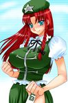  braid breasts china_dress chinese_clothes dress hat hong_meiling huge_breasts long_hair red_hair ribbon side_braid solo tooru_jin touhou twin_braids 