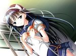  black_hair blue_eyes chain dutch_angle game_cg hiide long_hair school_uniform solo yotsunoha yuki_arisa 