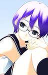  artist_request blue_eyes blue_hair cheerleader copyright_request glasses short_hair solo 