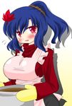  akasode_(tyaramu) apron blue_hair blush breasts food gloves hair_ornament large_breasts leaf leaf_hair_ornament ponytail red_eyes rope solo touhou yasaka_kanako 