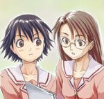  azumanga_daiou bad_id bad_pixiv_id blush brown_eyes glasses long_hair lowres mizuhara_koyomi multiple_girls school_uniform shiwashiwa_no_kinchakubukuru short_hair takino_tomo 