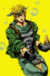  abitu battle_tendency belt blonde_hair bubble caesar_anthonio_zeppeli fingerless_gloves gloves green_jacket headband jacket jojo_no_kimyou_na_bouken male_focus orange_eyes shirt solo tight_shirt 