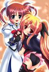  ass blonde_hair brown_hair cape fate_testarossa gloves hair_ribbon lyrical_nanoha mahou_shoujo_lyrical_nanoha mahou_shoujo_lyrical_nanoha_a's multiple_girls purple_eyes red_eyes ribbon shaian takamachi_nanoha thighhighs twintails 