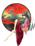  autumn barefoot black_hair circle feet full_body hime_cut houraisan_kaguya japanese_clothes long_hair nabeshima_tetsuhiro profile round_window sitting smirk solo touhou white_background window 