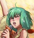  ahoge arm_up bad_id bad_pixiv_id bare_shoulders blush closed_eyes dress gaku_(wheel_of_lunokhod) green_hair holding macross macross_frontier microphone music ranka_lee short_hair singing sleeveless sleeveless_dress solo 