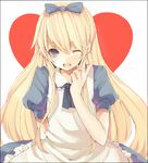  alice_(wonderland) alice_(wonderland)_(cosplay) alice_in_wonderland bad_id bad_pixiv_id blonde_hair blue_eyes cosplay heart kuma_(persona_4) long_hair male_focus one_eye_closed otoko_no_ko persona persona_4 ribbon solo tetsuo 