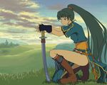  boots field fingerless_gloves fire_emblem fire_emblem:_rekka_no_ken gloves green_eyes green_hair hataori high_ponytail katana long_hair lyndis_(fire_emblem) one_knee ponytail scenery smile solo squatting sword very_long_hair wallpaper weapon 