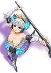  armor armored_dress blue_eyes breasts choker cleavage detached_sleeves downblouse dress from_above gwendolyn large_breasts multicolored multicolored_wings odin_sphere silver_hair strapless strapless_dress thighhighs ueyama_michirou weapon wings 